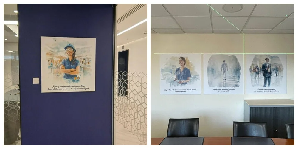A collage of the interior wall graphics and signage along multiple walls.